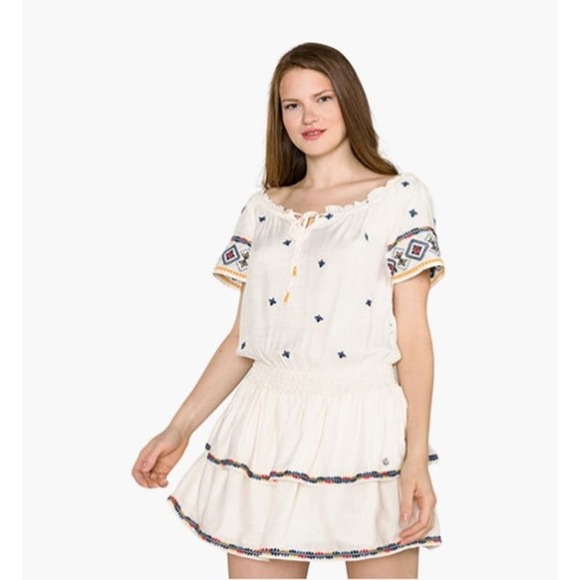 Francesca's Blue Rain Lushi Short Embroidered Off-The-Shoulder Dress Large - Picture 4 of 12